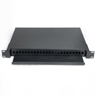 แผงแพทช์ไฟเบอร์ 1U 24 พอร์ตกล่องเลิกจ้างไฟเบอร์ออปติกสีดำแร็คเมาท์