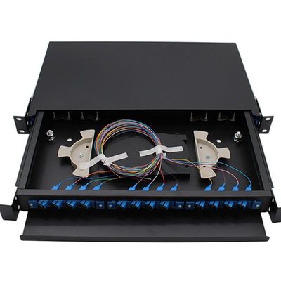 แผงแพทช์ไฟเบอร์ออปติก 19 &quot;24 พอร์ตในอาคาร แร็คเมาท์ 1U ODF 24 Core